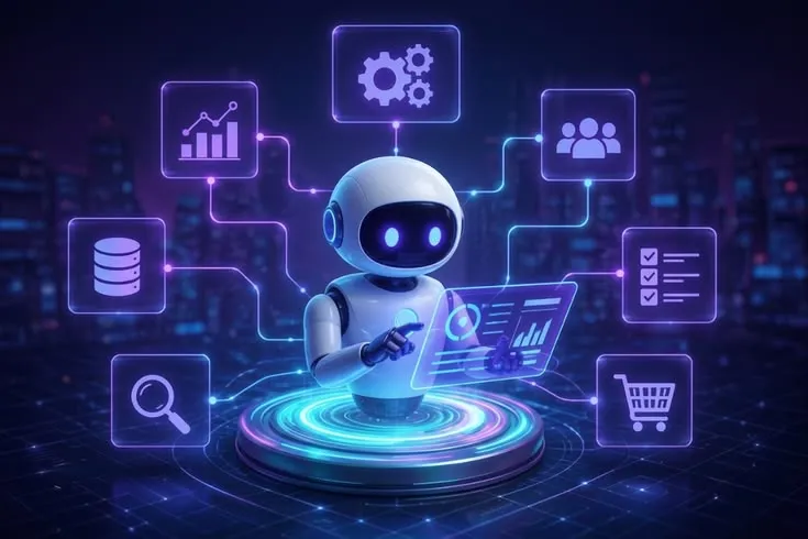 AI assistant connected to analytics, data, search and shopping icons