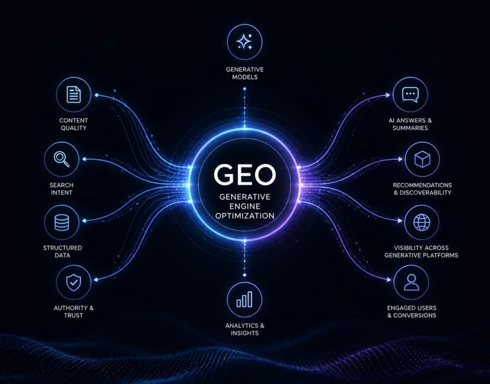 GEO diagram: content quality, search intent, structured data and authority feeding AI answers, recommendations and conversions