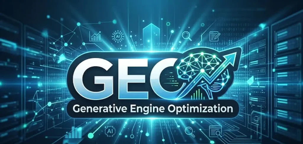GEO Generative Engine Optimization banner with AI brain and growth arrow