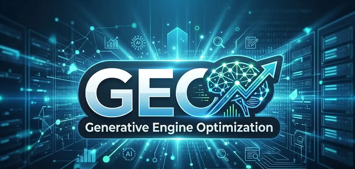 GEO Generative Engine Optimization banner with AI brain and growth arrow