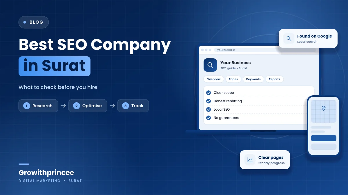 Illustrative blue cover image for the article: Best SEO Company in Surat: What to Check Before You Hire