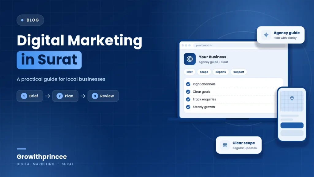 Illustrative blue cover image for the article: Digital Marketing in Surat: A Practical Guide for Local Businesses