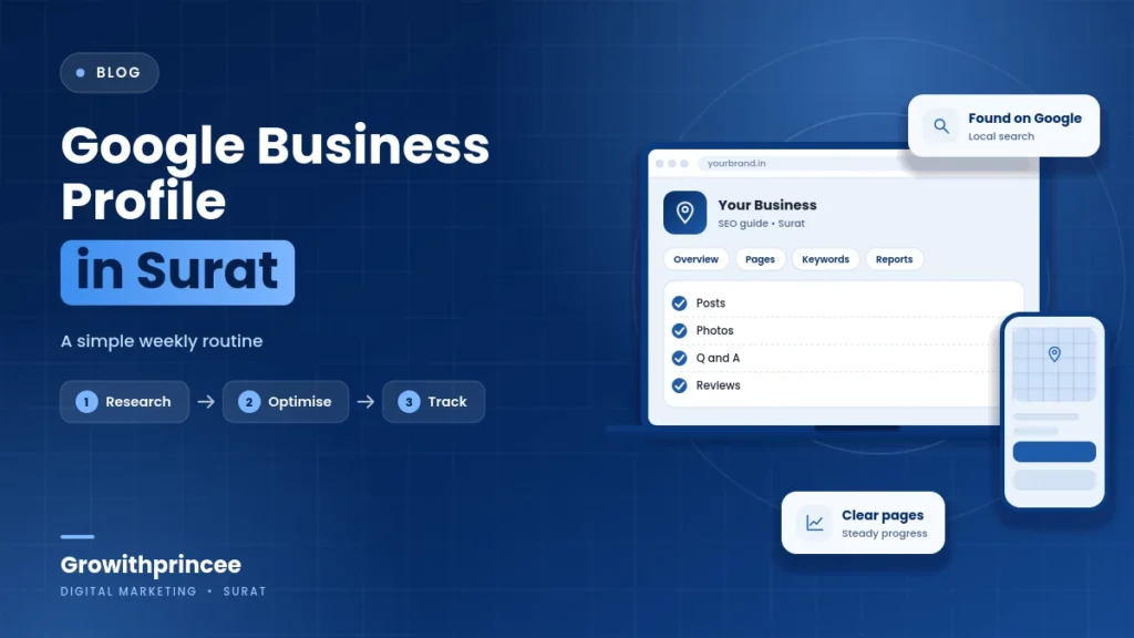 Illustrative blue cover image for the article: Google Business Profile in Surat: Posts, Photos, Q&A and a Simple Weekly Routine