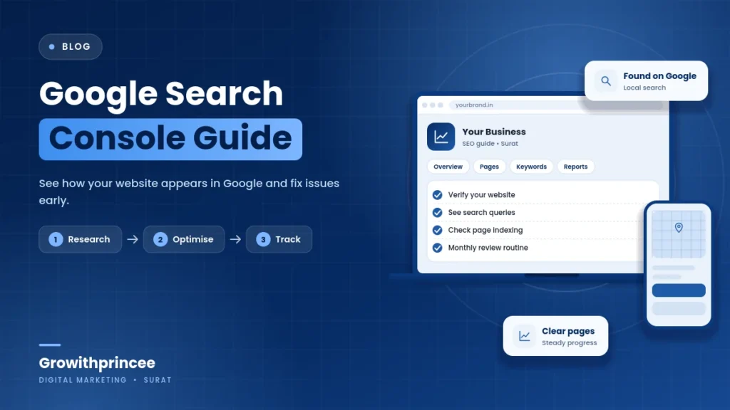 Illustrative blue cover image for the article: Google Search Console Guide for Small Business Owners in Surat