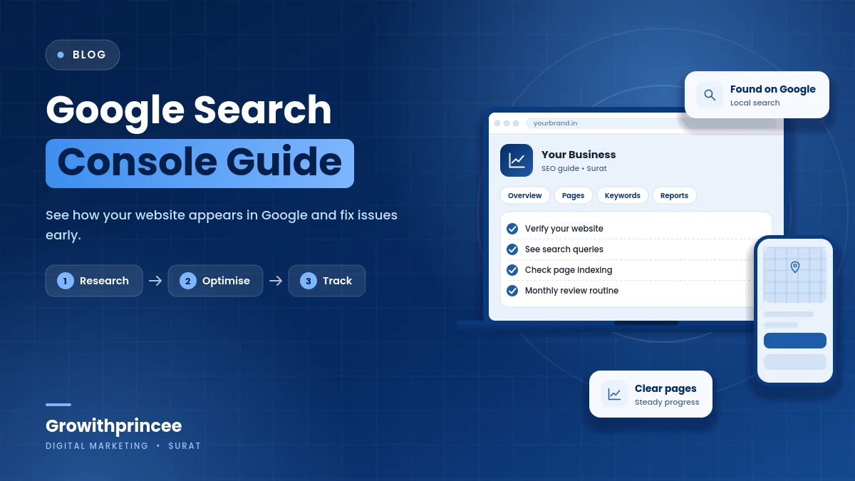 Illustrative blue cover image for the article: Google Search Console Guide for Small Business Owners in Surat