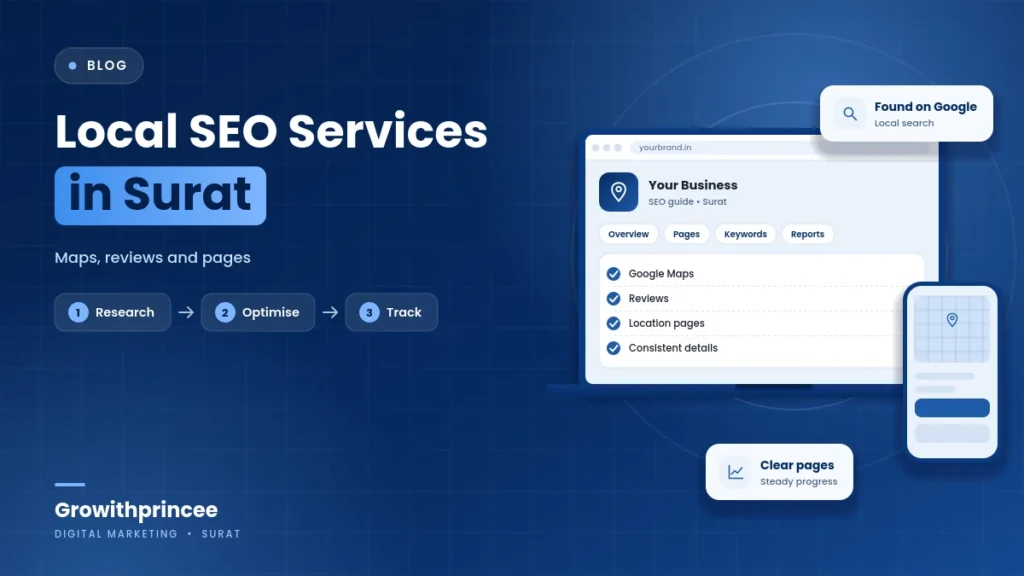 Illustrative blue cover image for the article: Local SEO Services in Surat: Maps, Reviews and Location Pages Explained