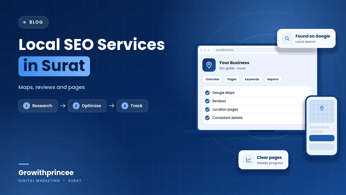 Illustrative blue cover image for the article: Local SEO Services in Surat: Maps, Reviews and Location Pages Explained
