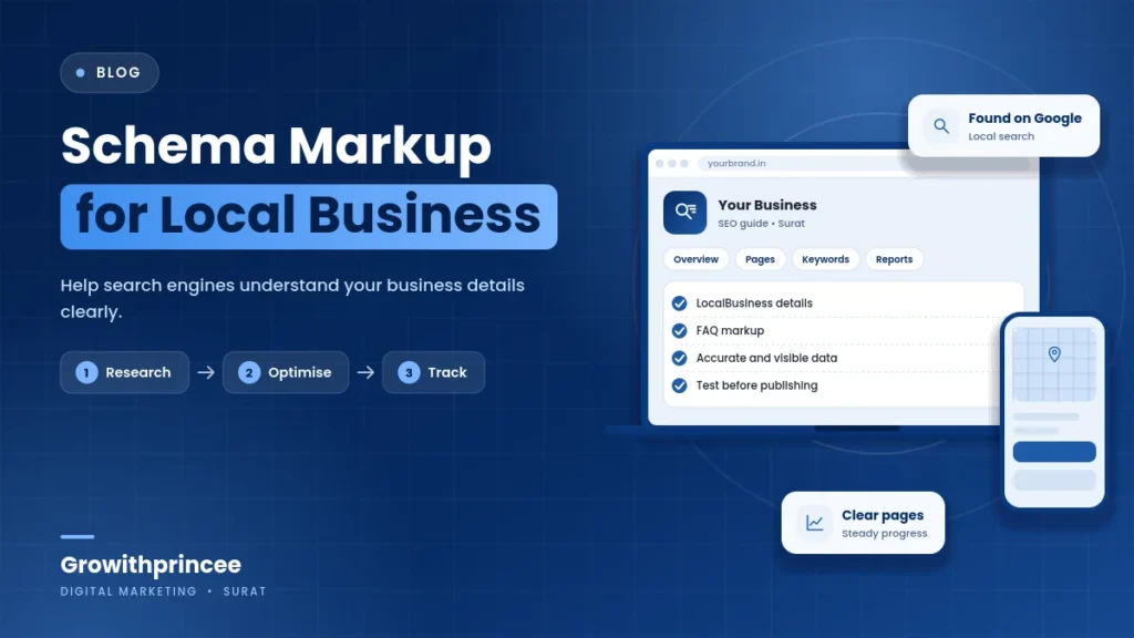 Illustrative blue cover image for the article: Schema Markup for Local Businesses: A Simple Guide for Surat