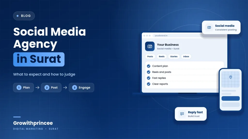 Illustrative blue cover image for the article: Social Media Marketing Agency in Surat: What to Expect and How to Judge Results
