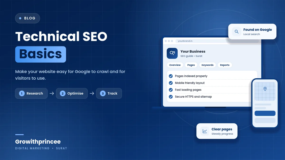 Illustrative blue cover image for the article: Technical SEO Basics for Small Business Websites in Surat