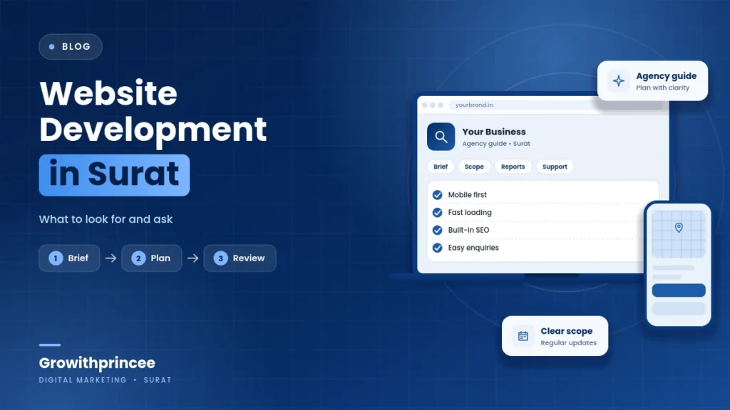 Illustrative blue cover image for the article: Website Development Company in Surat: What to Look For and What to Ask