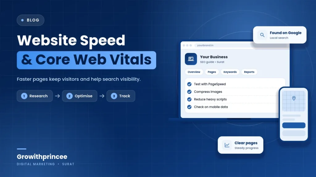 Illustrative blue cover image for the article: Website Speed and Core Web Vitals: A Practical Guide for Surat Businesses