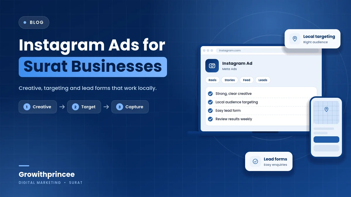 Instagram Ads for Surat Businesses: Creative, Targeting and Lead Forms That Work Locally - illustrative cover graphic by Growithprincee