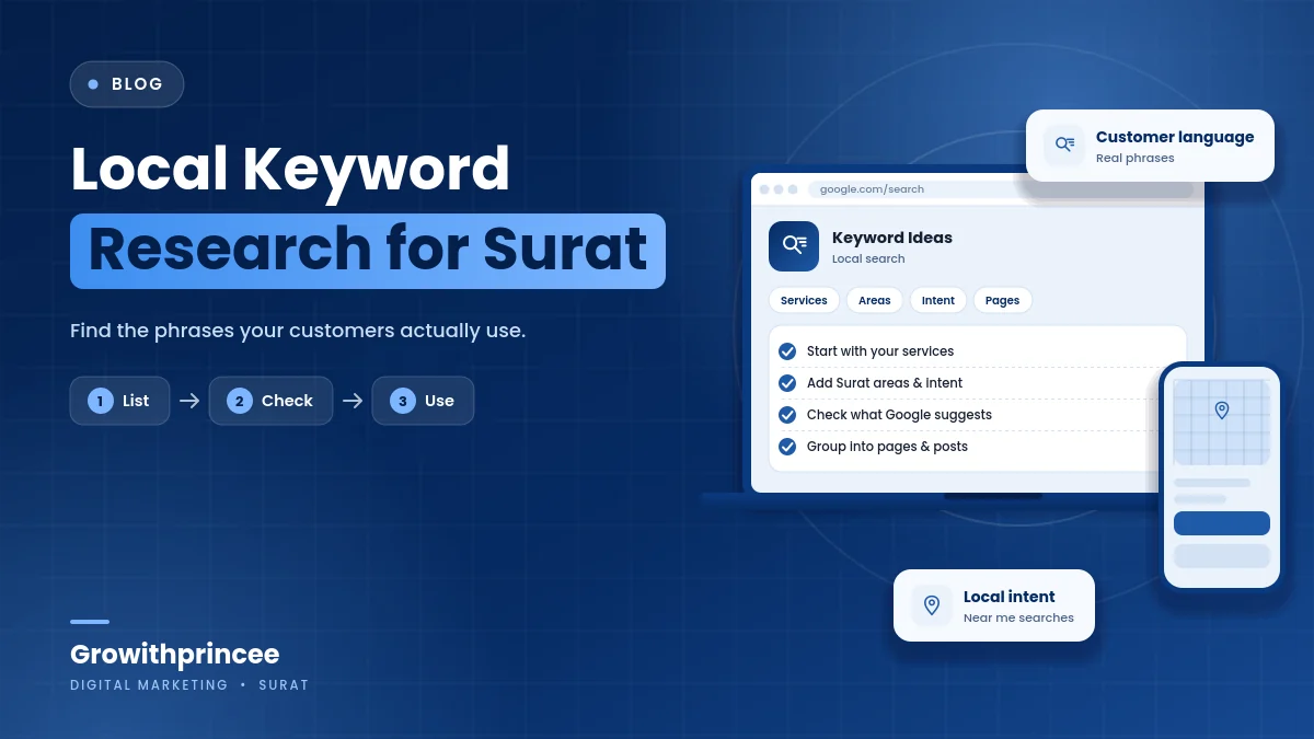 Local Keyword Research for Surat: How to Find the Phrases Your Customers Actually Use - illustrative cover graphic by Growithprincee