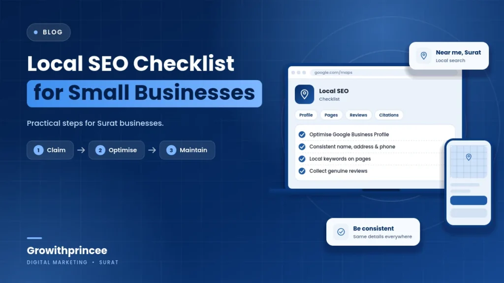 Local SEO Checklist for Small Businesses in Surat - illustrative cover graphic by Growithprincee