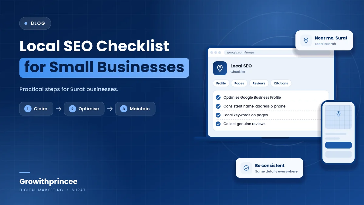 Local SEO Checklist for Small Businesses in Surat - illustrative cover graphic by Growithprincee