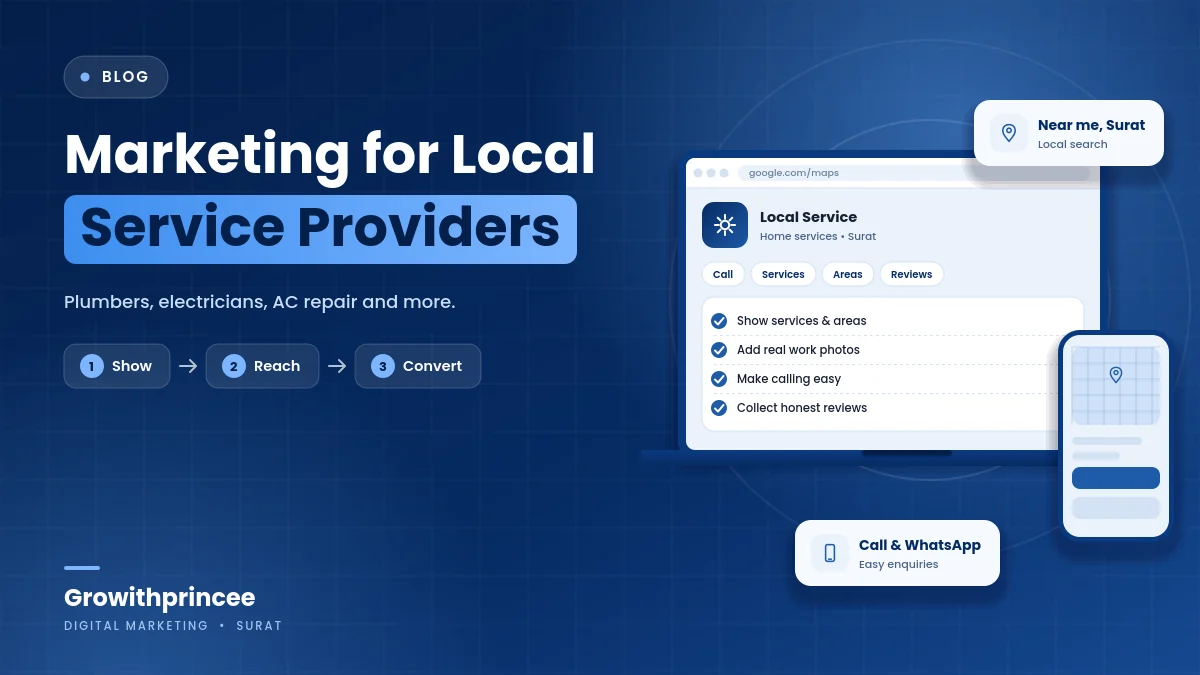 Marketing for Local Service Providers in Surat: Plumbers, Electricians, AC Repair and More - illustrative cover graphic by Growithprincee