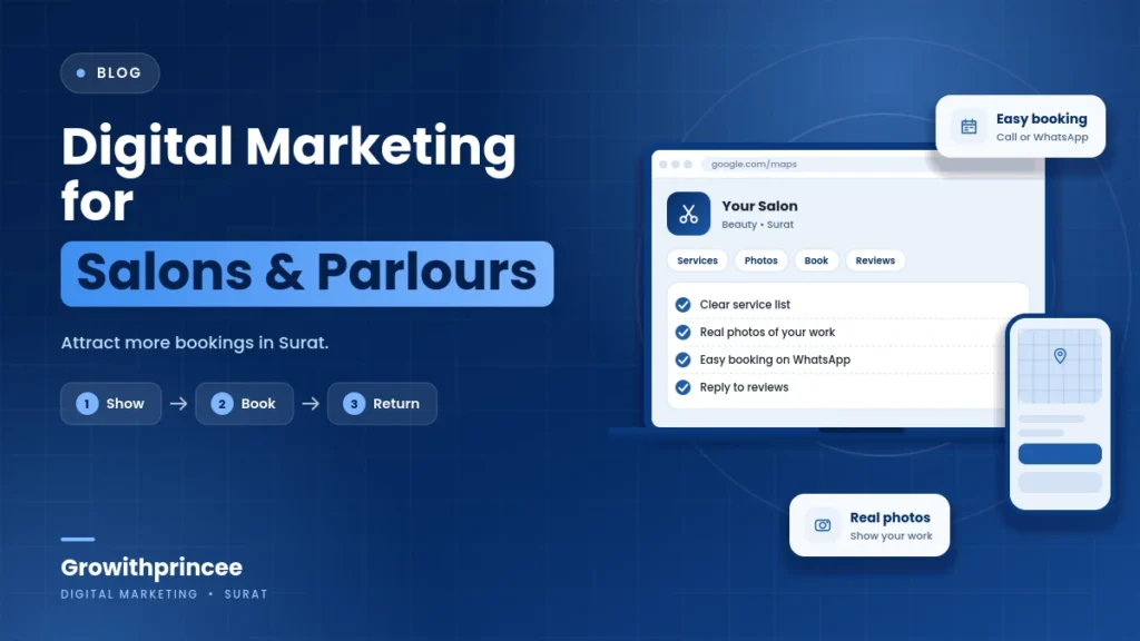 Digital Marketing for Salons and Beauty Parlours in Surat: Attract More Bookings - illustrative cover graphic by Growithprincee