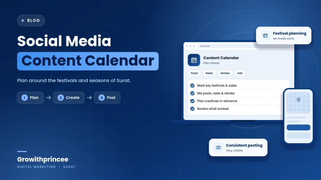 Social Media Content Calendar for Surat Businesses: Plan Around Festivals and Seasons - illustrative cover graphic by Growithprincee