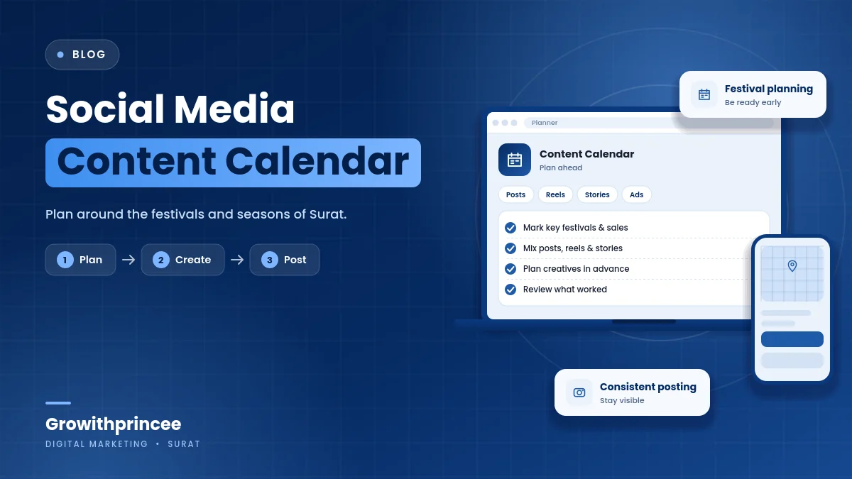 Social Media Content Calendar for Surat Businesses: Plan Around Festivals and Seasons - illustrative cover graphic by Growithprincee