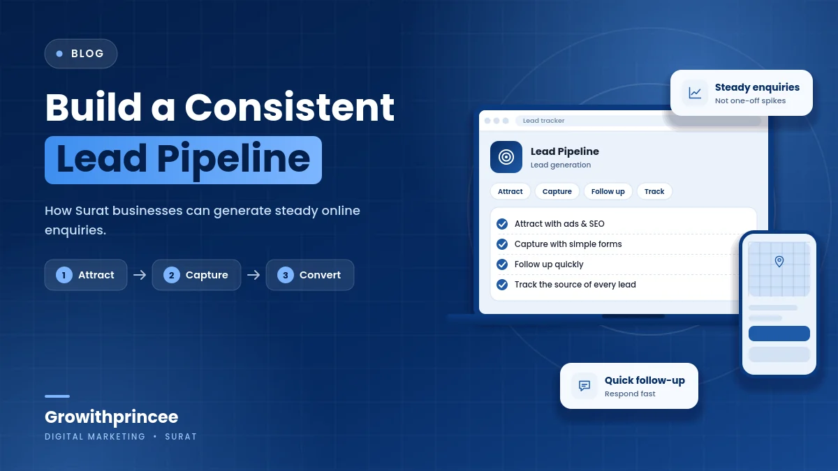 How Surat Businesses Can Build a More Consistent Online Lead Pipeline - illustrative cover graphic by Growithprincee