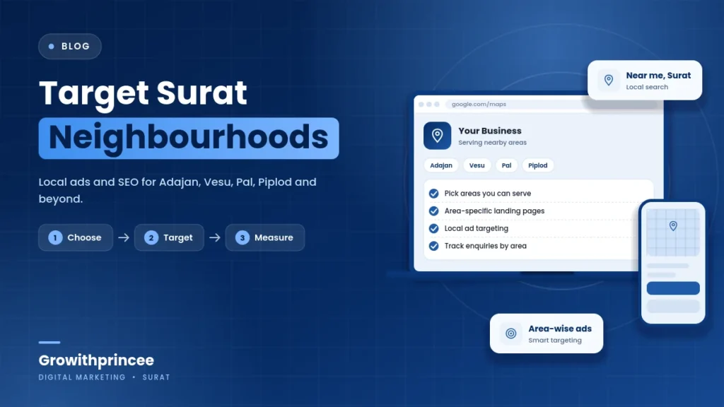 How to Target Surat Neighbourhoods With Local Ads and SEO: Adajan, Vesu, Pal, Piplod and Beyond - illustrative cover graphic by Growithprincee