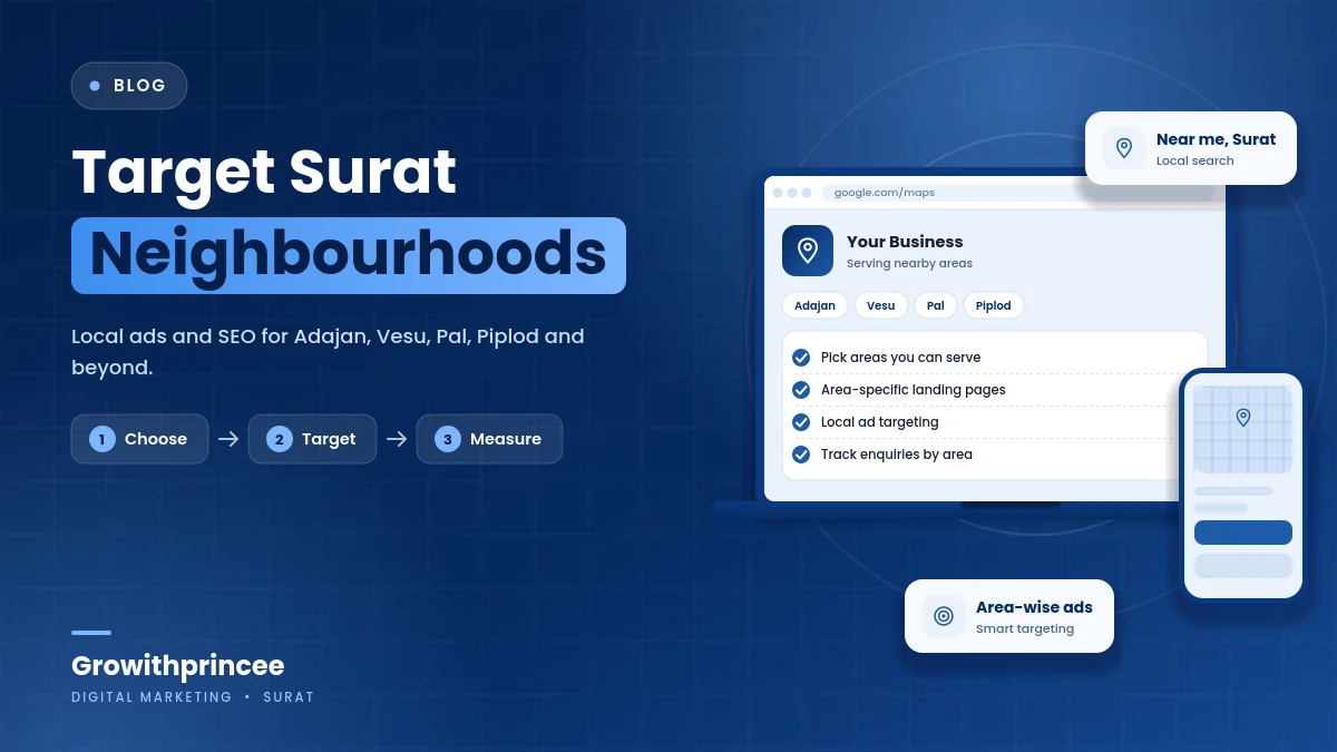 How to Target Surat Neighbourhoods With Local Ads and SEO: Adajan, Vesu, Pal, Piplod and Beyond - illustrative cover graphic by Growithprincee