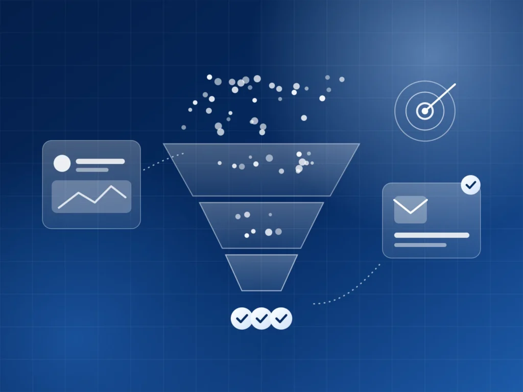 Illustration of a marketing funnel turning many website visitors into a few qualified enquiries