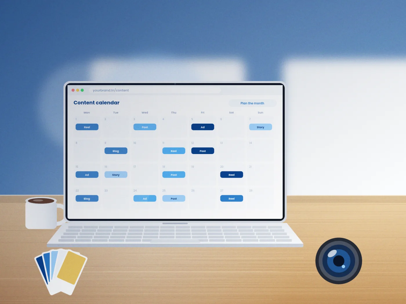 Illustrative render of a laptop showing a monthly content calendar with a camera lens and colour palette on the desk