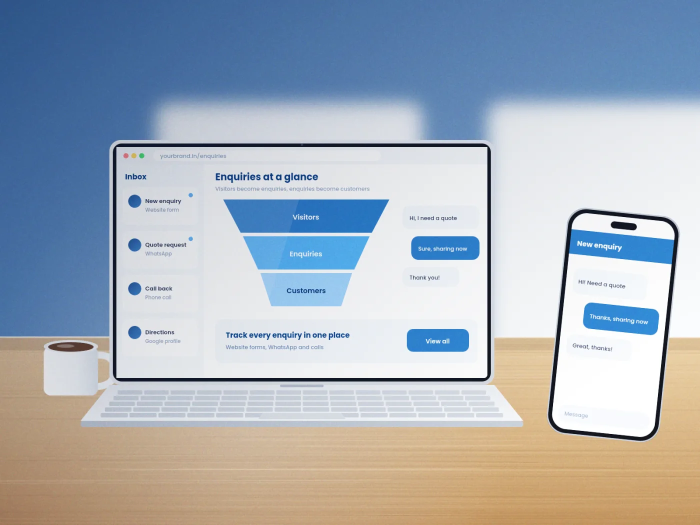 Illustrative render of a laptop and phone showing an enquiries funnel and customer chat inbox