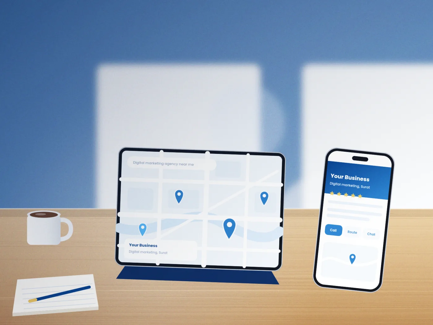 Illustrative render of a Surat map on a tablet and a business profile on a phone