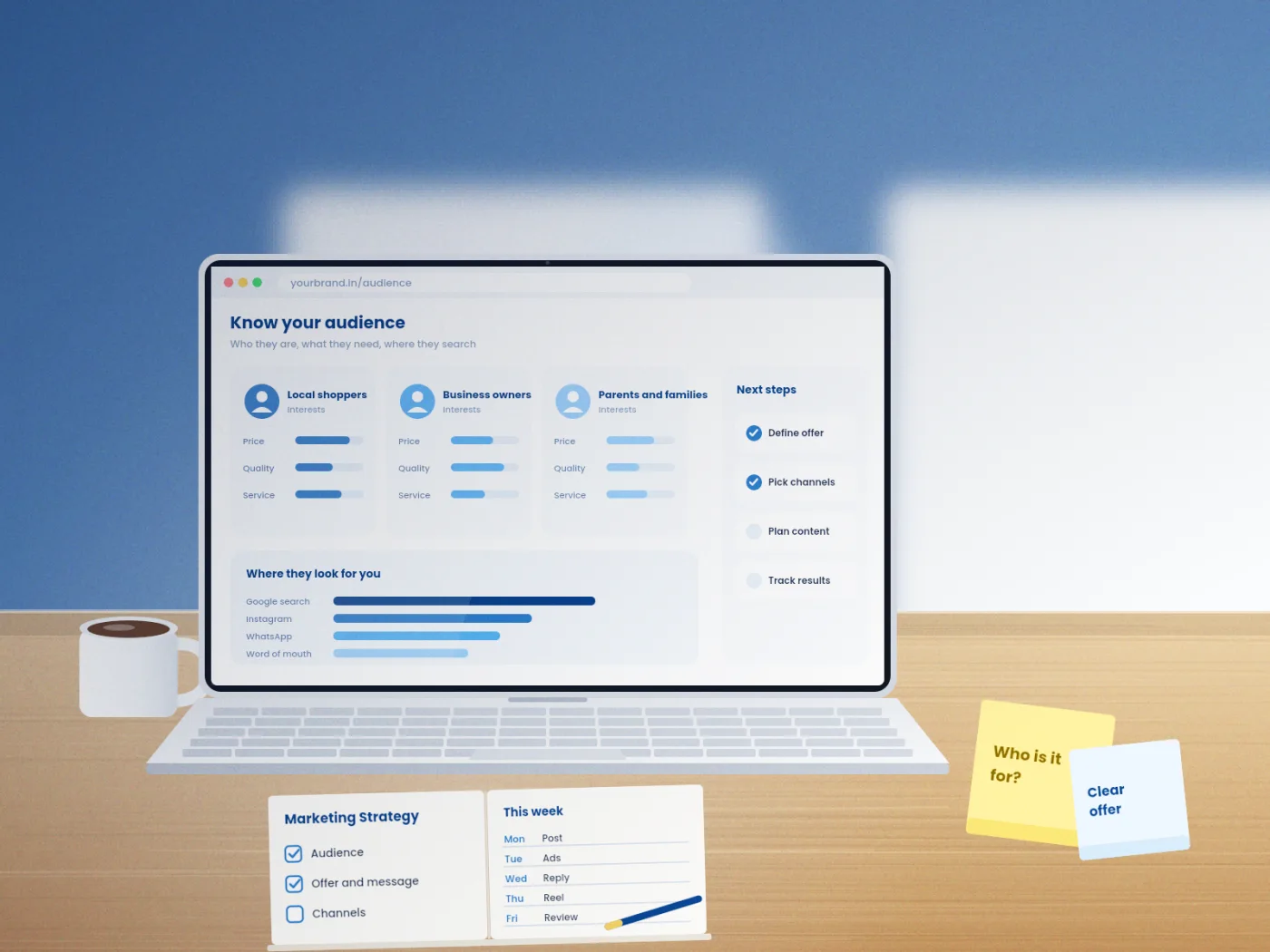 Illustrative render of a marketing planning desk with a laptop showing audience insights, a strategy notebook and sticky notes