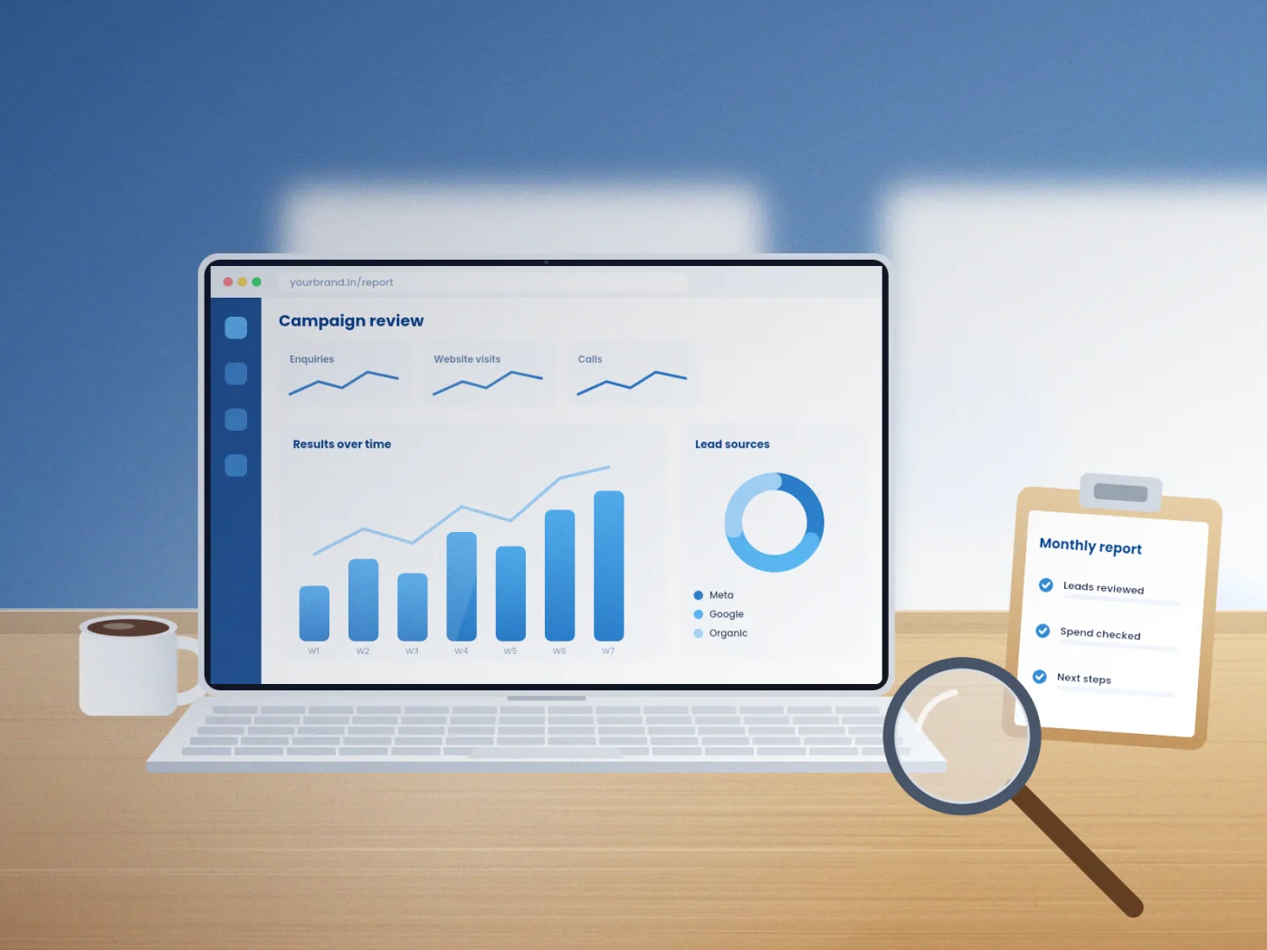 Illustrative render of a campaign review dashboard on a laptop with a magnifying glass and monthly report clipboard