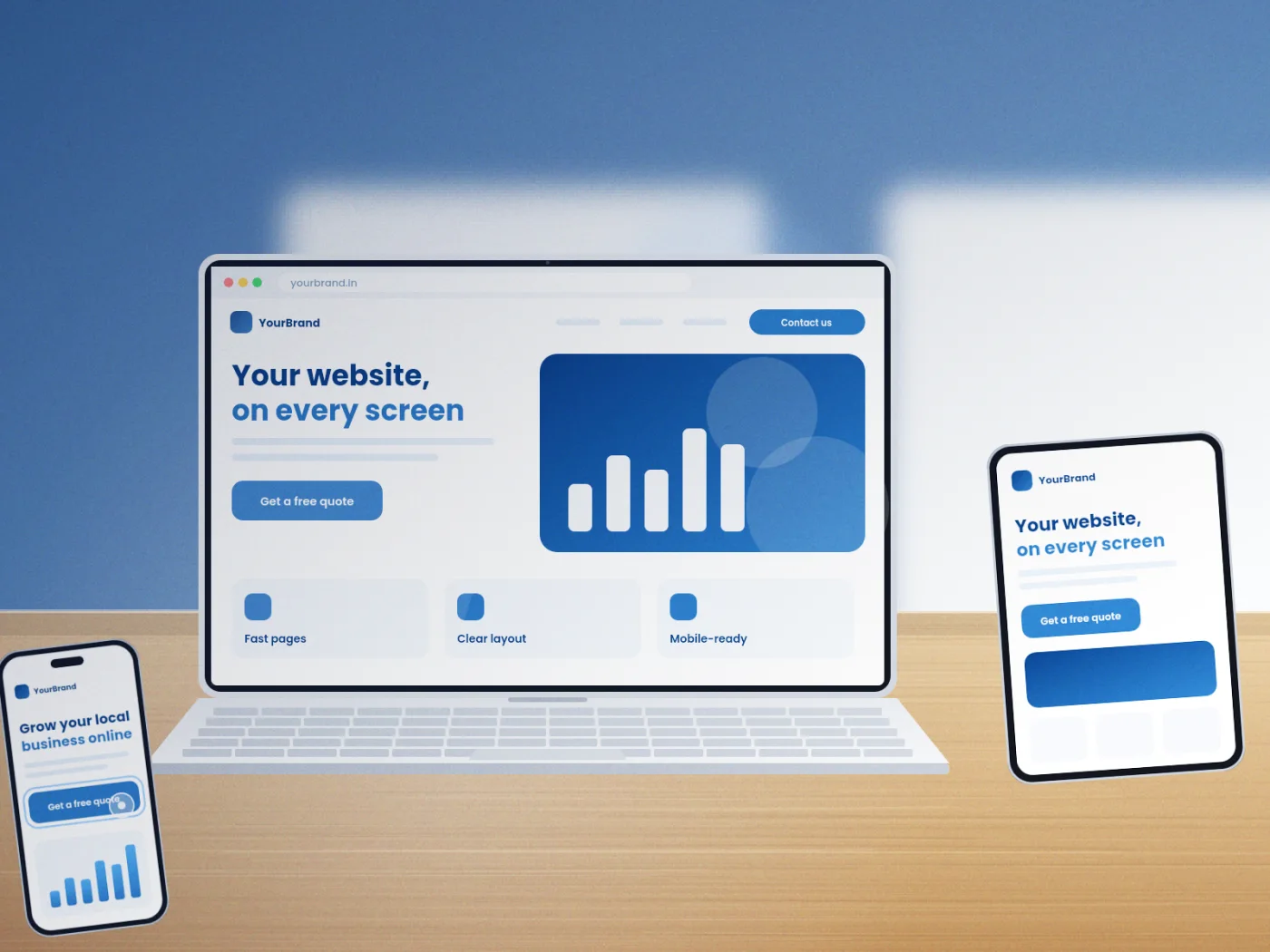 Illustrative render of a website shown on a laptop, tablet and phone