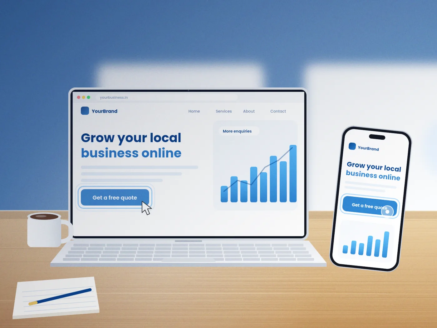 Illustrative render of a business website on a laptop and phone with a get a free quote button