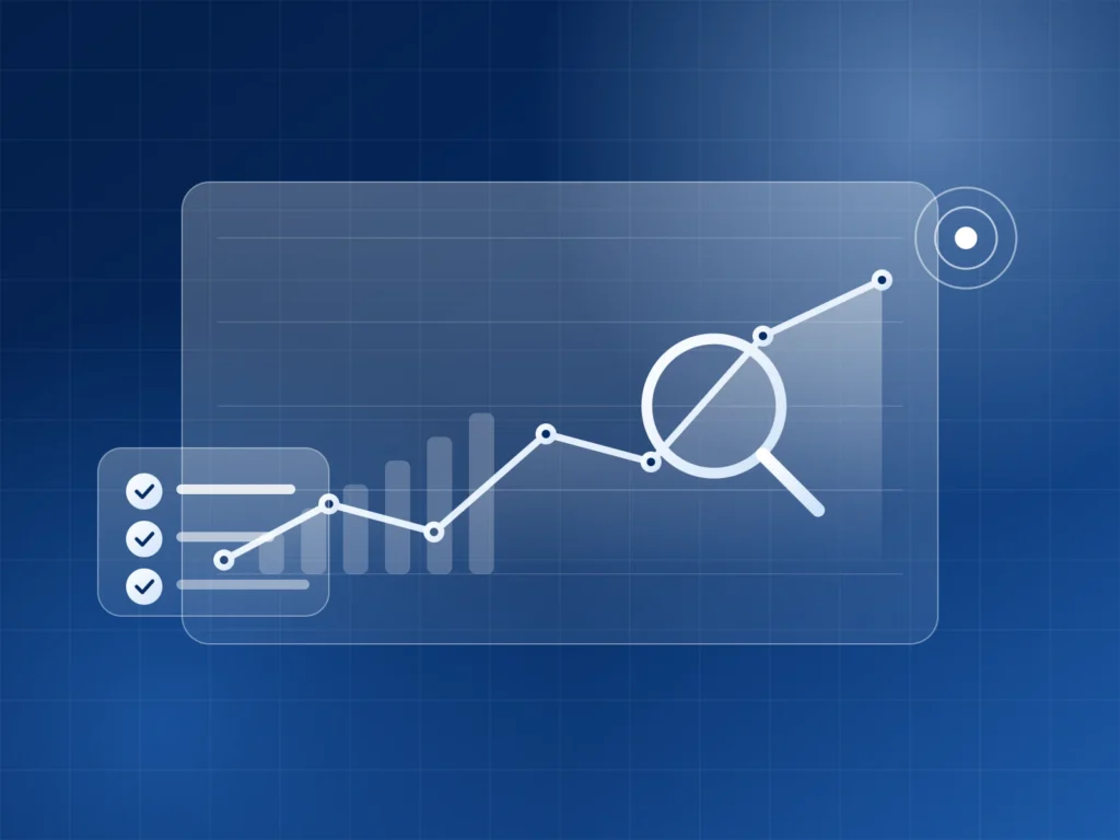 Illustration of a rising performance chart with a magnifying glass and review checklist