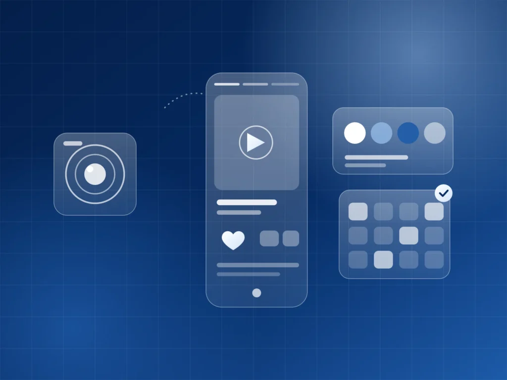 Illustration of mobile content, a camera lens, colour palette and content calendar representing creative planning