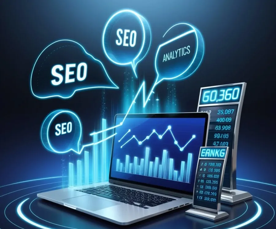 Laptop showing an SEO analytics and ranking dashboard